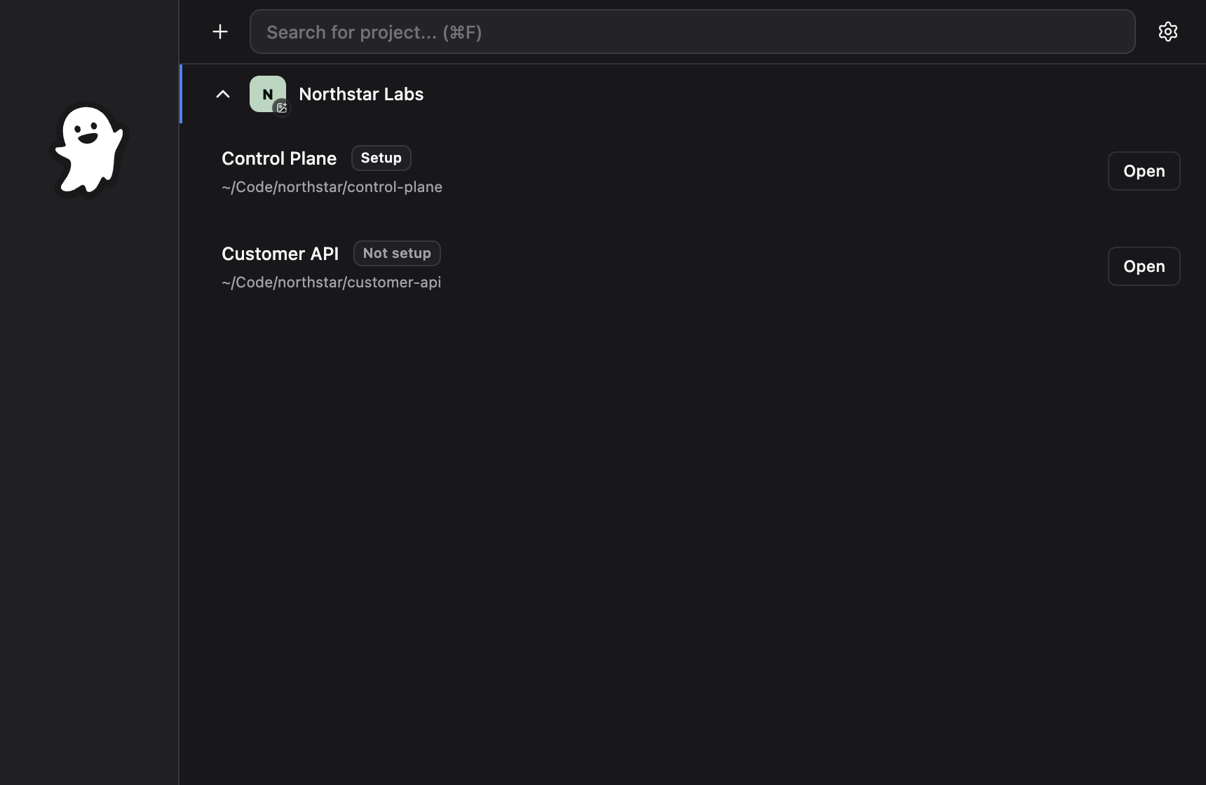 Ghostable Desktop Project Launcher with a configured and unconfigured project