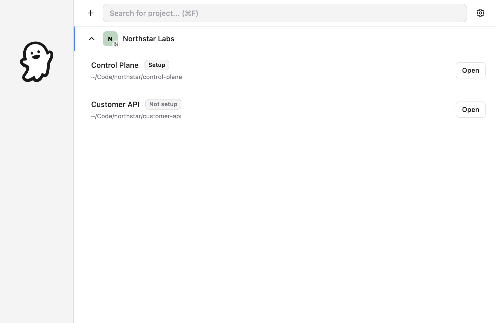 Ghostable Desktop Project Launcher with a configured and unconfigured project