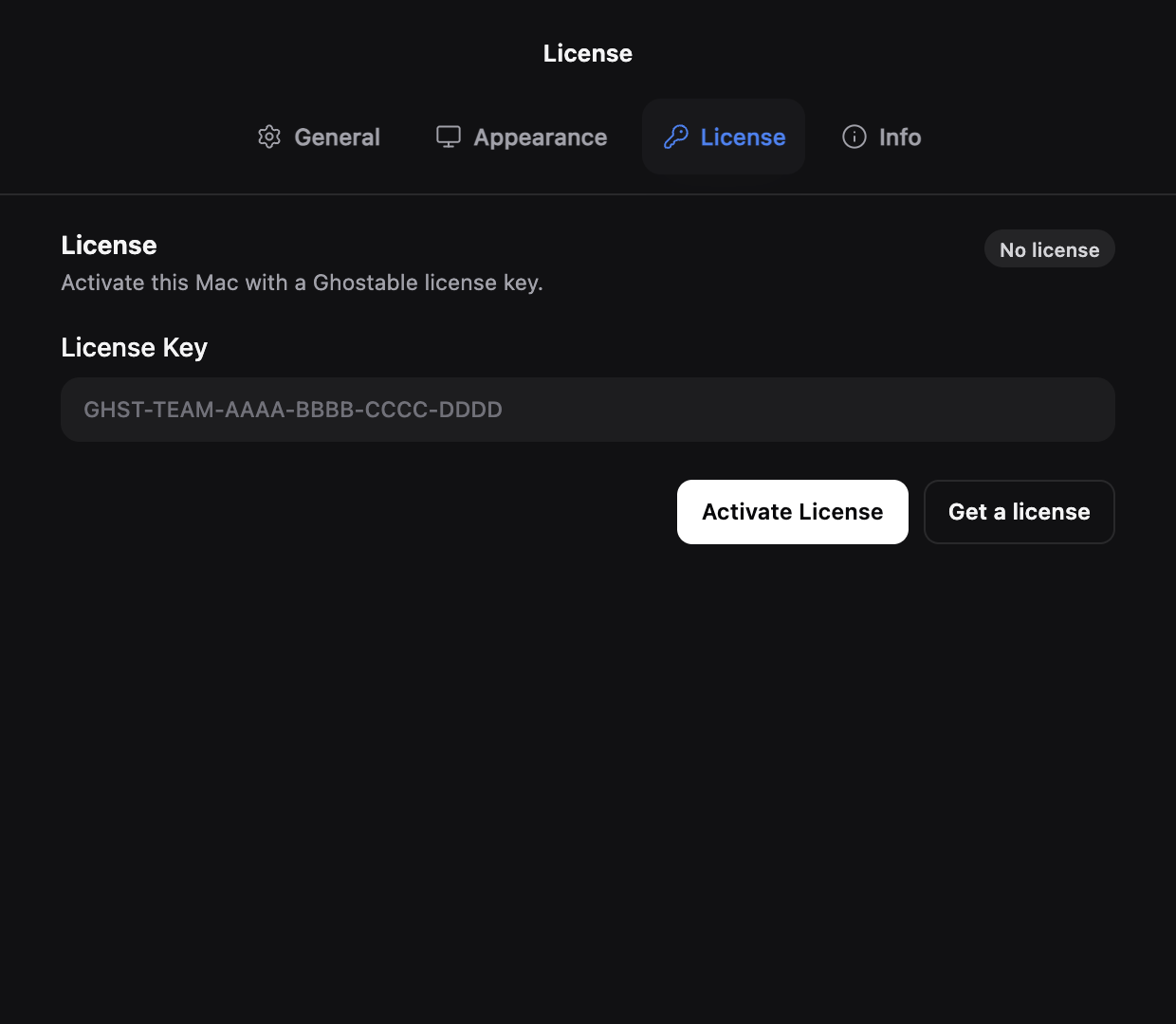 Ghostable Desktop license activation form