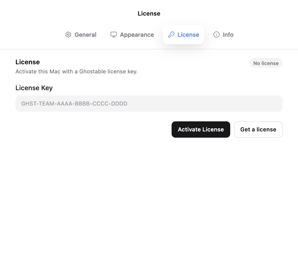 Ghostable Desktop license activation form