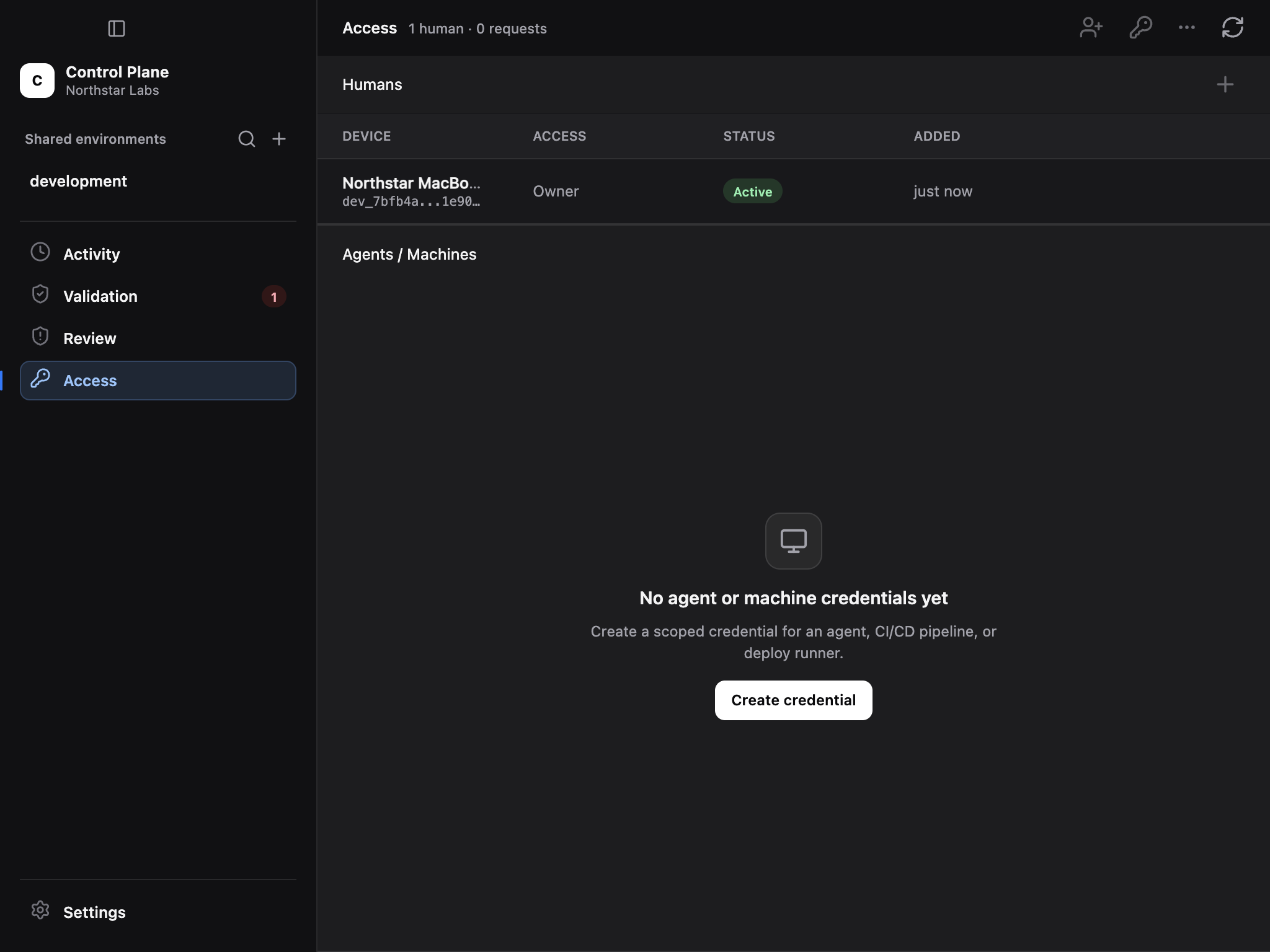 Ghostable Desktop project access page with human devices and agent credentials