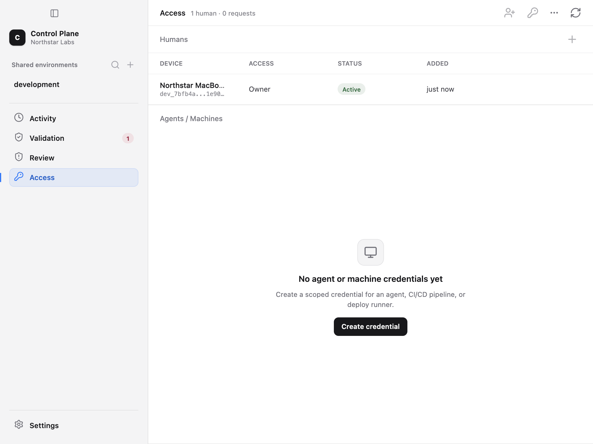Ghostable Desktop project access page with human devices and agent credentials