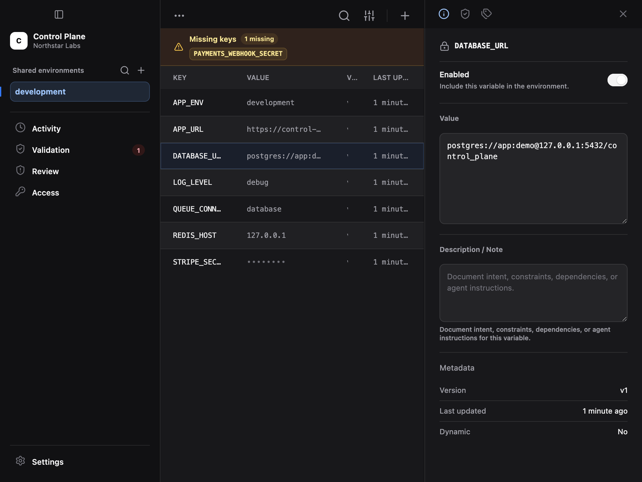 Ghostable Desktop variable detail panel for an encrypted database URL