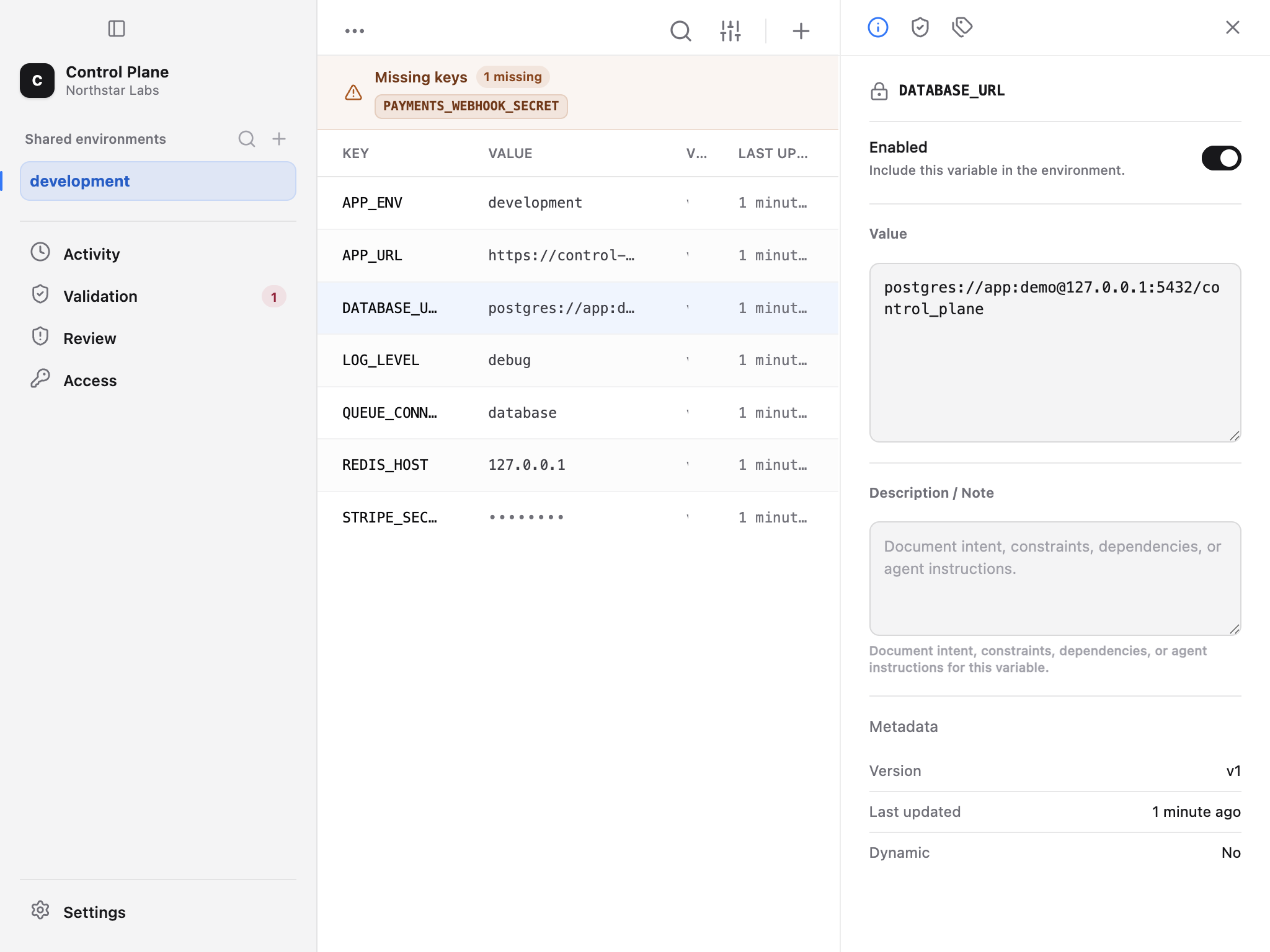 Ghostable Desktop variable detail panel for an encrypted database URL